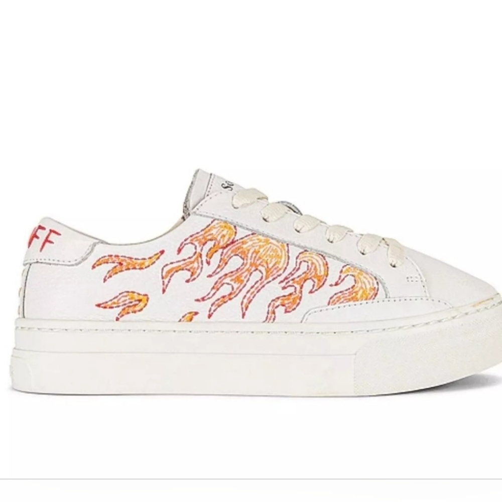 Soludos Hot Stuff Ibiza Platform Flames White Leather Sneakers Size 8.5 NWB $149